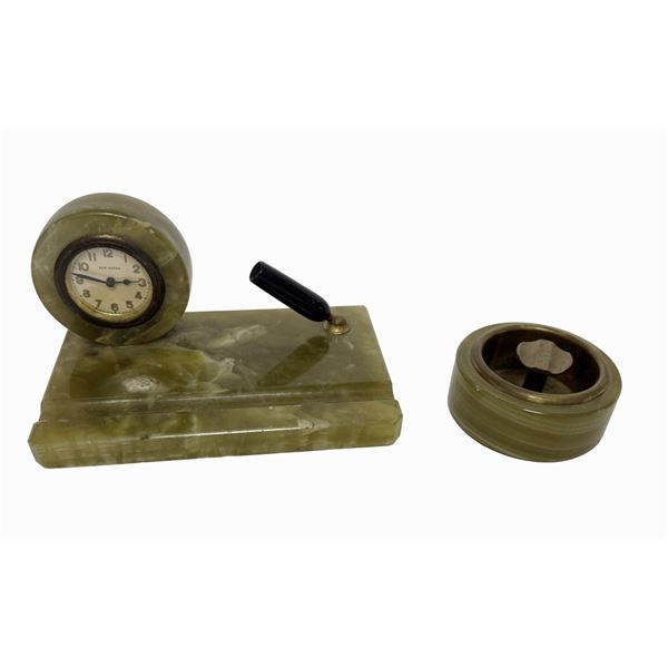 Art Deco New Haven Onyx Desk Clock & Pen Set