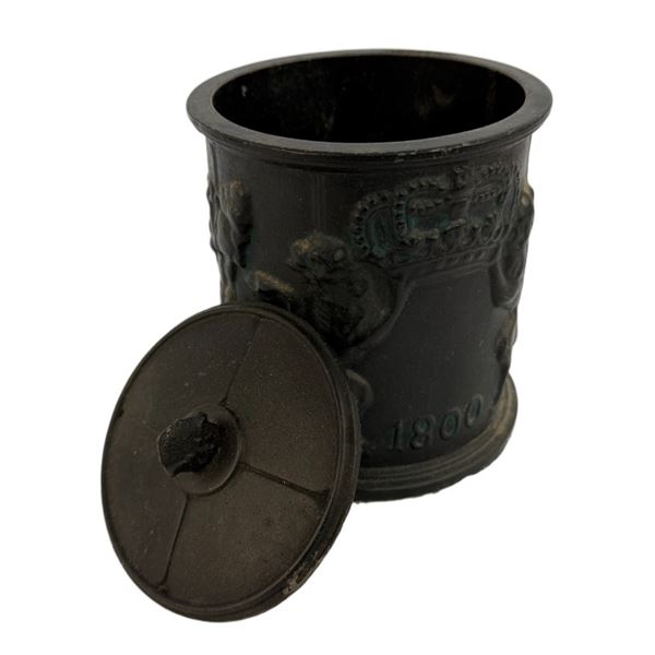 20th c. Swedish Cast Iron Tavern Scene Tobacco Jar
