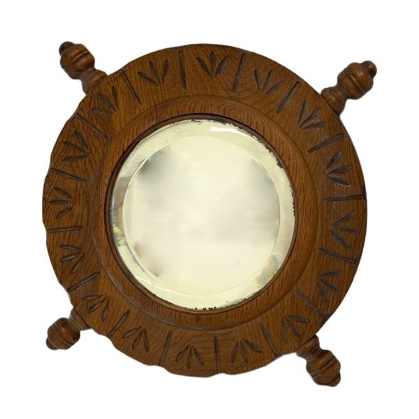 Antique Hand-Carved Oak Ships Wheel Mirror