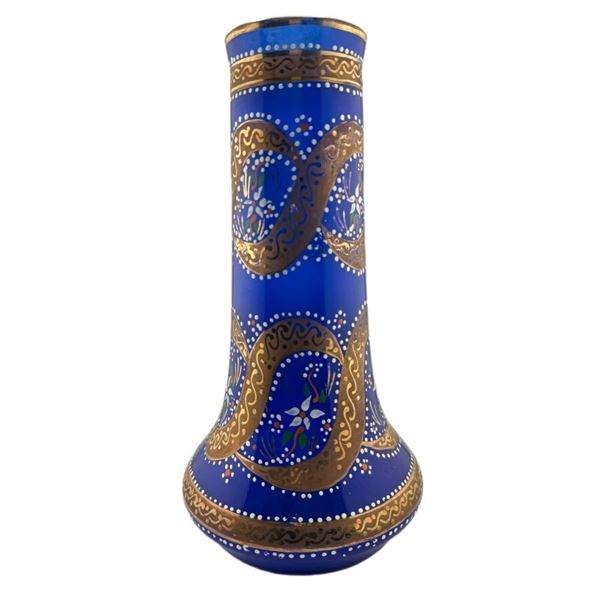 Bohemian Enameled Cobalt Blue Glass Vase
