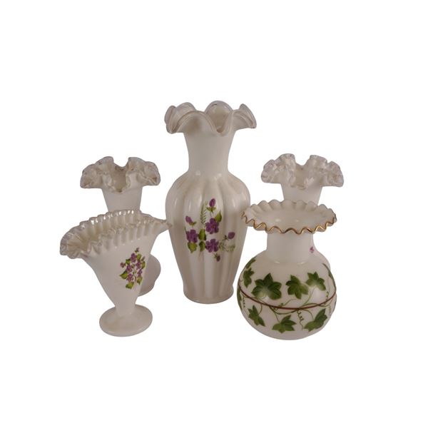 Fenton "Violets in the Snow" Milk Glass Vases