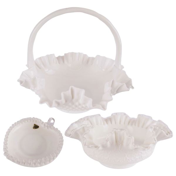 Fenton White Milk Glass Hobnail Basket & Bowls