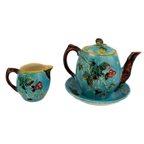 Continental Majolica Teapot, Creamer & Plate Set