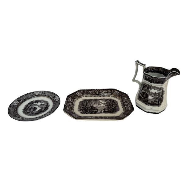 Three Staffordshire Black Transferware Pieces