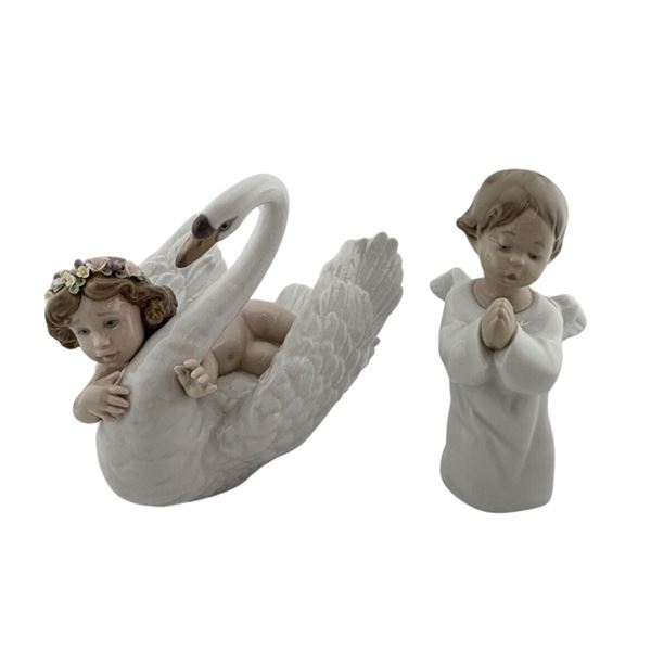Lladro Angel & Swan Porcelain Figurines