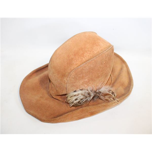 LEATHER SUEDE WESTERN HAT WITH FEATHER