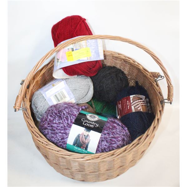 YARN SKEINS & LARGE WICKER BASKET WITH