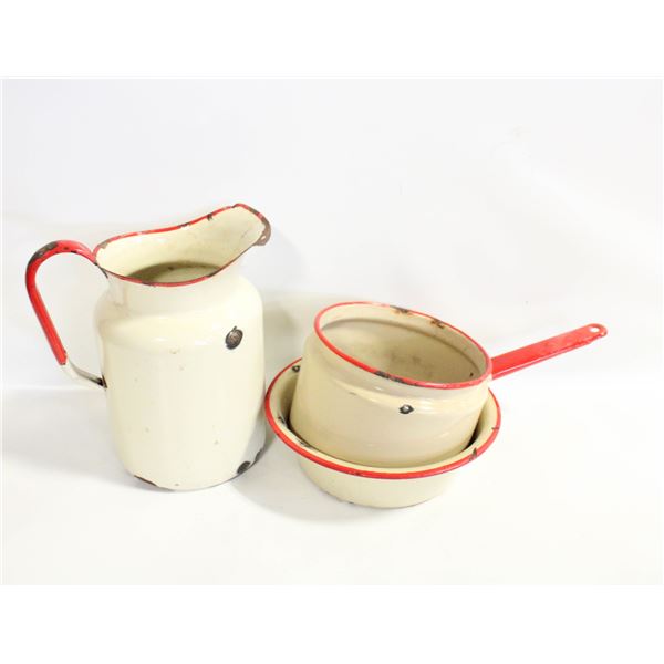 VINTAGE ENAMEL PITCHER, BOWL & POT,