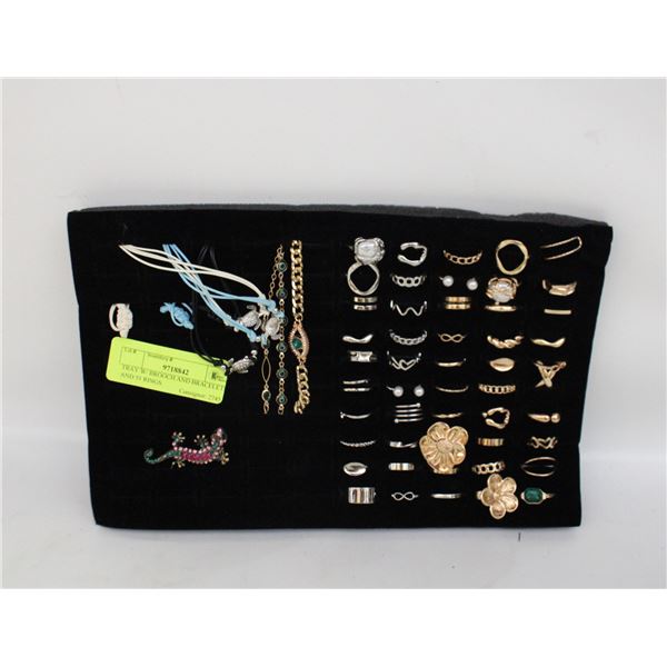 TRAY W/ BROOCH AND BRACELETS AND 51 RINGS