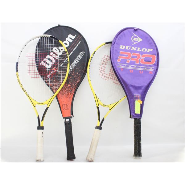 4 TENNIS RACKETS; 2 JUNIOR & 2 ADULT SIZE