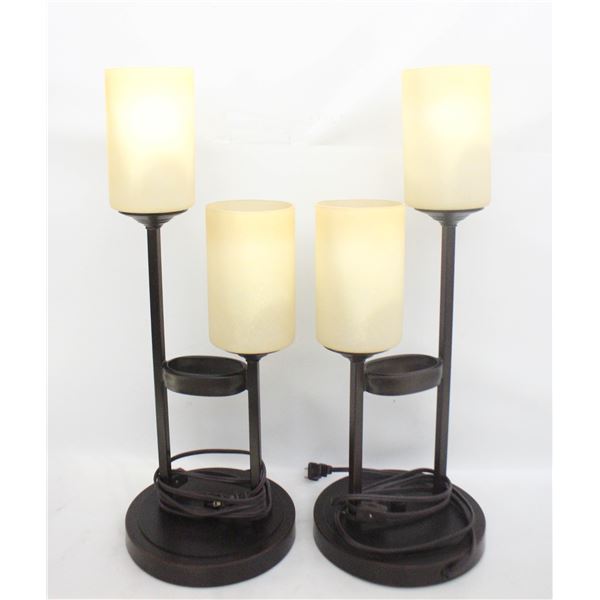 SET OF 2 TABLE LAMPS, W GLASS SHADES & DUAL BULB