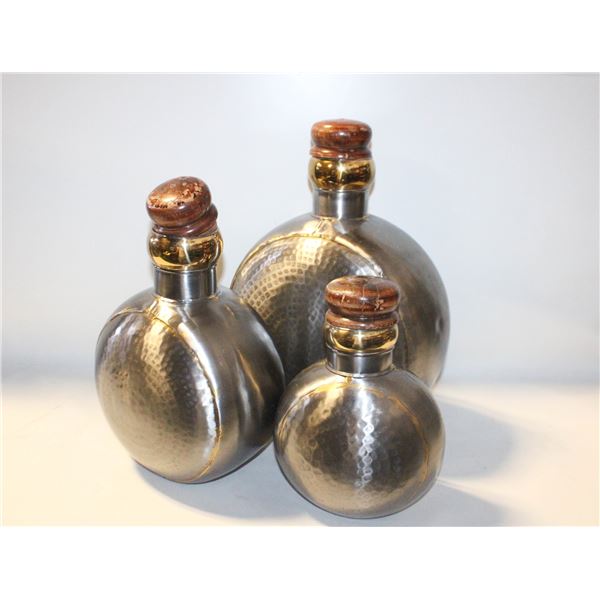 SET OF 3 HAMMERED METAL JUGS W WOOD LIDS