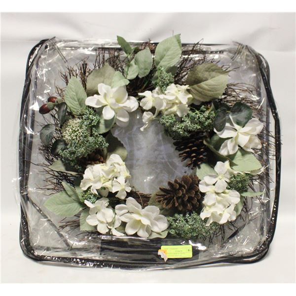 WHITE FLOWER 20" DIAM GRAPEVINE WREATH