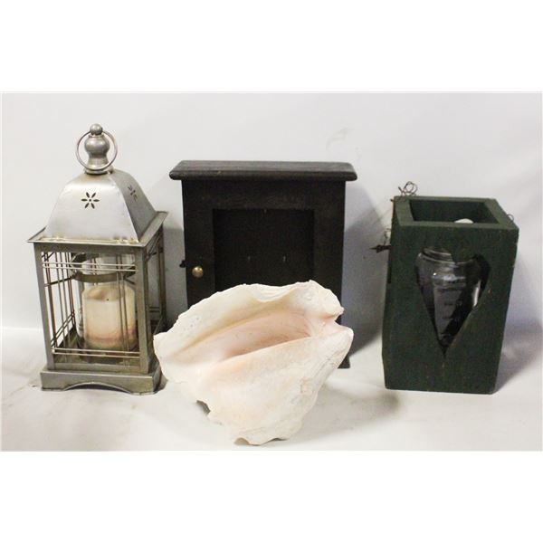 DECOR: METAL & MASON LANTERNS, KEY RACK, CONCH