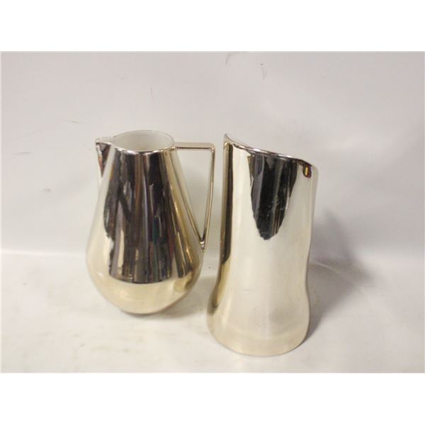 SET OF 2 PORCELIN PITCHERS, CHROME EXT WHITE INT