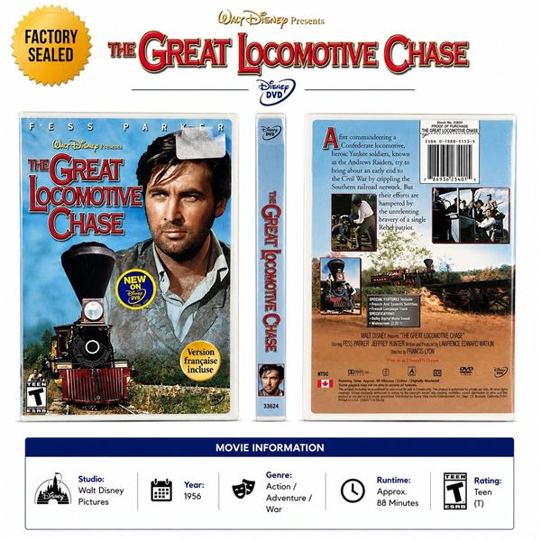 NEW DVD "THE GREAT LOCOMOTIVE CHASE" DISNEY 1956