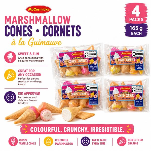 4 MCCORMICKS MARSHMALLOW CONES 165G BAGS