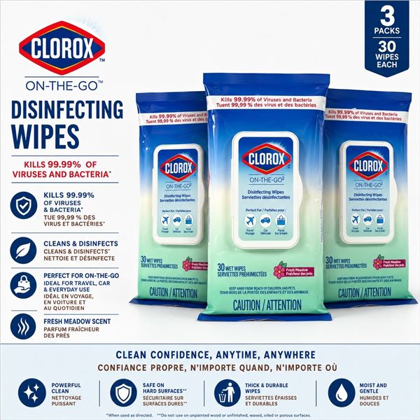 3 CLOROX ON-THE-GO DISINFECTING WIPES 30 PACK