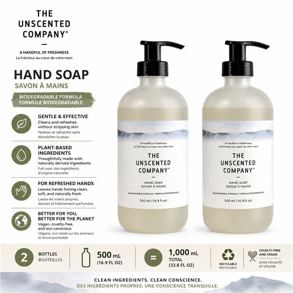2 THE UNSCENTED CO HAND SOAP 500ML