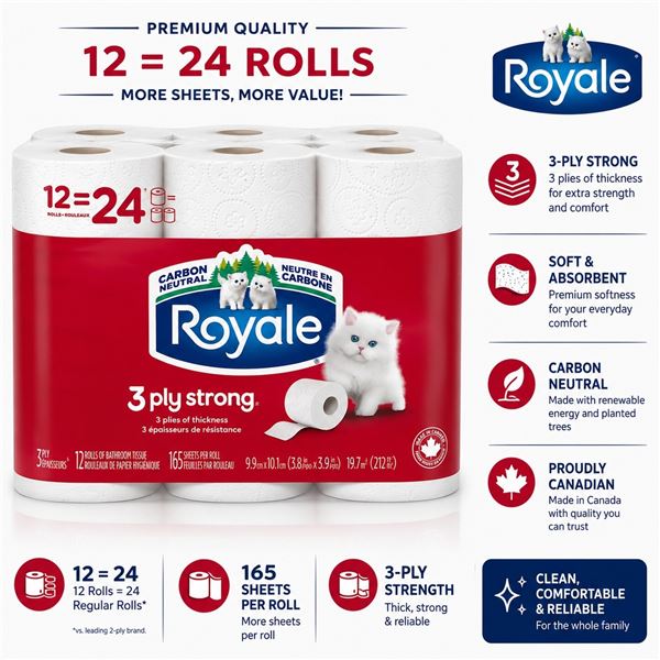 ROYALE 3PLY BATHROOM TISSUE 12=24 ROLLS