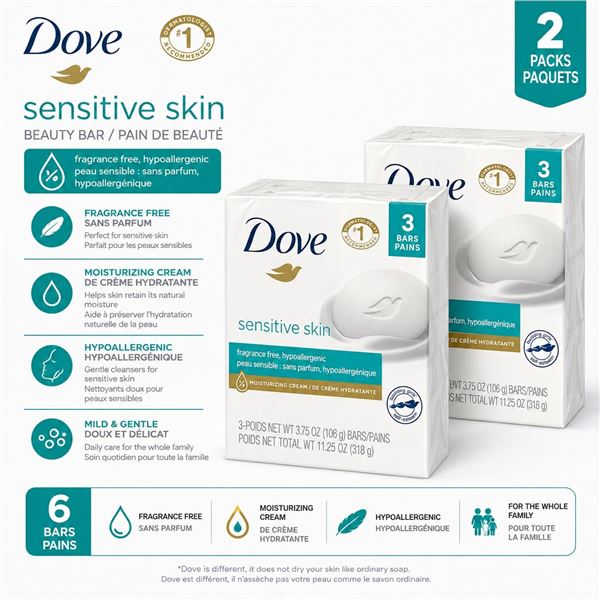 2 DOVE SENSITIVE SKIN BEAUTY SOAP BARS 3 PACK