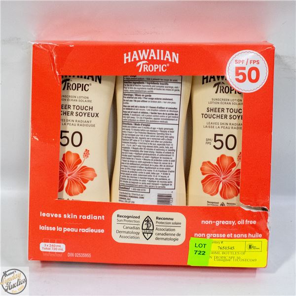 NEW 3 X 240ML BOTTLES OF HAWAIIAN TROPIC SPF 50