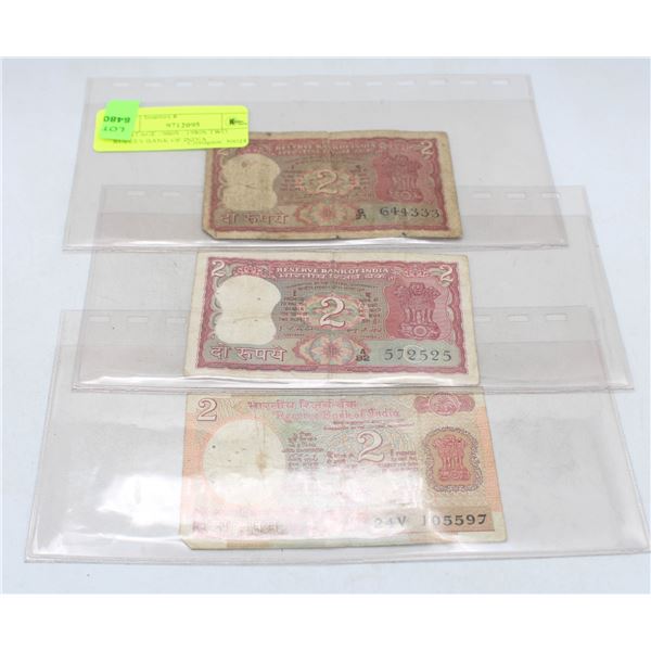 3 VINTAGE 1960S - 1980S TWO RUPEES BANK OF INDIA