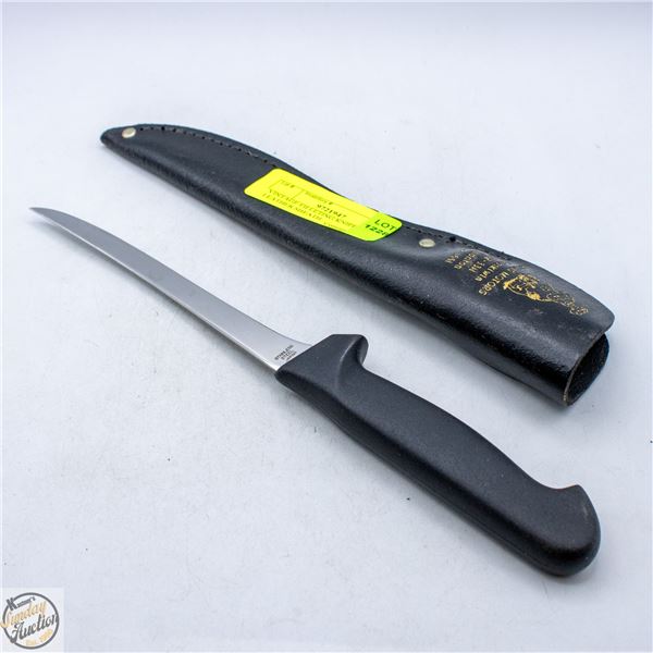 VINTAGE FILLETING KNIFE IN LEATHER SHEATH