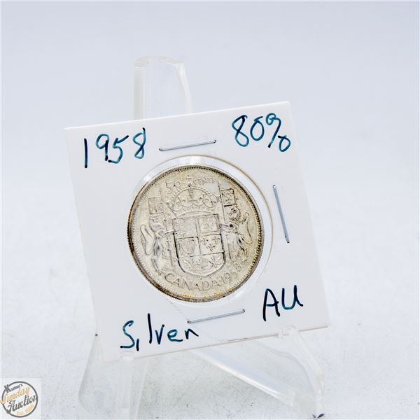 #4857-AU 1958 50 CENT CANADIAN COIN 80 % SILVER