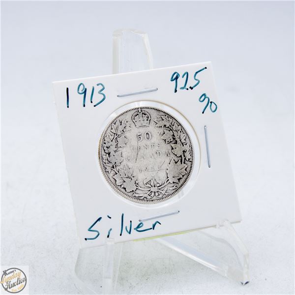 #4862-1913 50 CENT CANADIAN COIN 92.5 % SILVER
