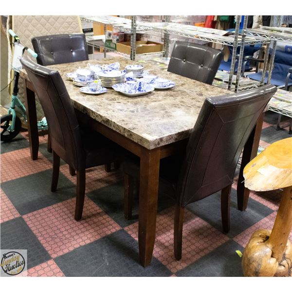 FAUX MARBLE TOPPED WOOD TABLE WITH 4 CHAIRS