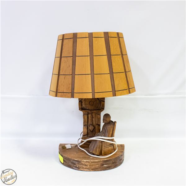 FOLK ART CARVED WOOD LAMP H-20" MISSING THE PIECE-