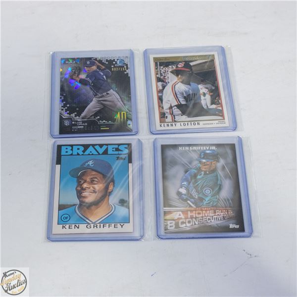 4 BASEBALL CARDS LUIS URIAS, KENNY LOFTON, KEN