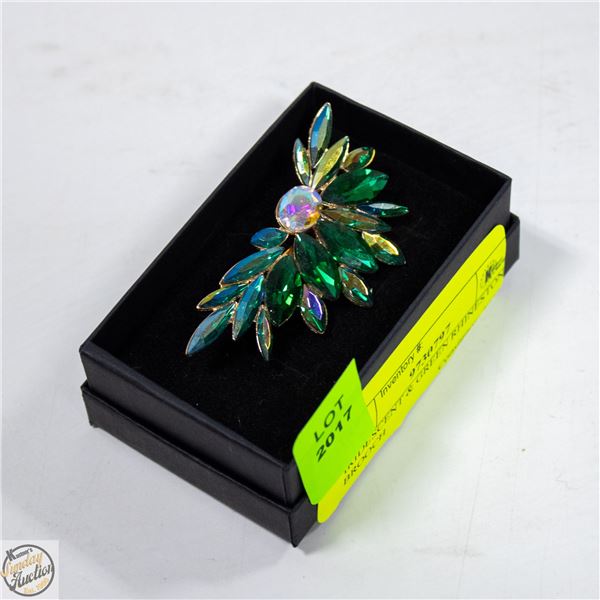 IRIDESCENT & GREEN RHINESTONE BROOCH
