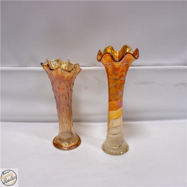 2 MARIGOLD CARNIVAL GLASS VASE 13" & 11"