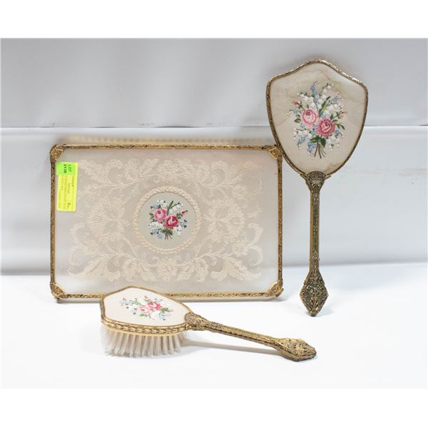 VINTAGE BRASS MIRROR BRUSH & STAND VANITY SET