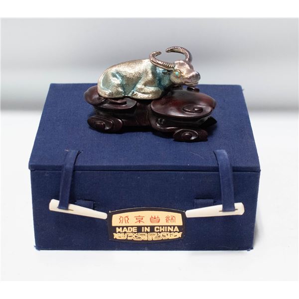 SMALL WATER BUFFALO STATUE ON WOODEN BASE