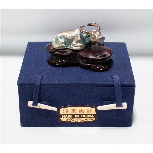 SMALL WATER BUFFALO STATUE ON WOODEN BASE