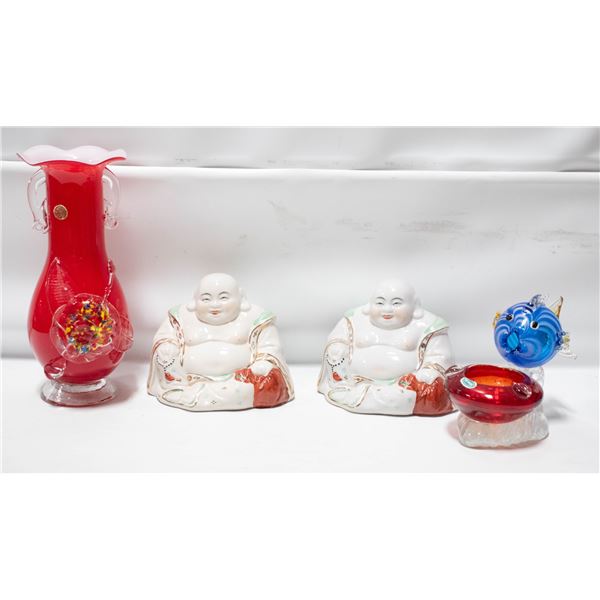 RED ART GLASS VASE + ART GLASS FISH