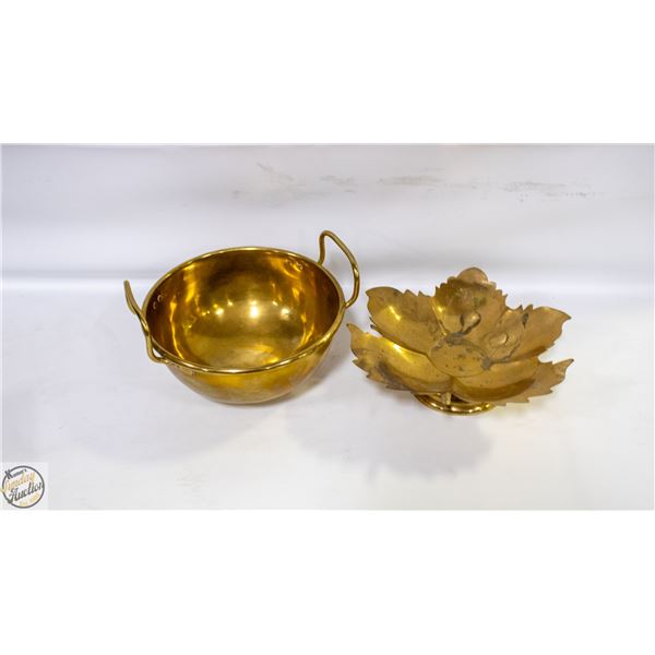 2 BRASS BOWLS. LEAF SHAPED IS A