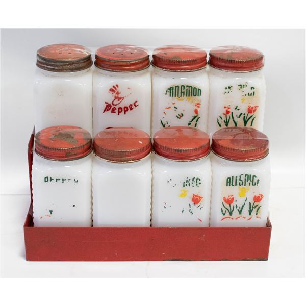 SET OF 8 MILK GLASS SPICE JARS ON A METAL