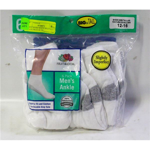 ANKLE SOCKS WHITE BIG&TALL 6-PACK FRUIT OF TH
