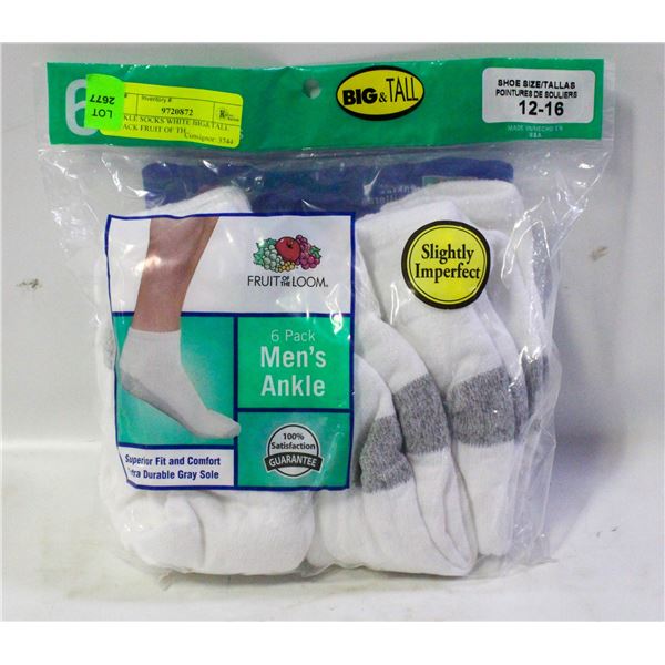 ANKLE SOCKS WHITE BIG&TALL 6-PACK FRUIT OF TH