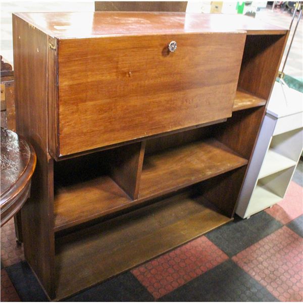 DARK WOOD CABINET WITH FOLD DOWN STORAGE