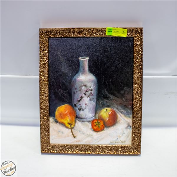 LORRAINE OBERG OIL 13”W X 16”H PEAR WHITE VASE