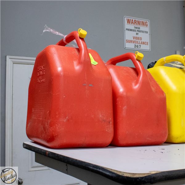 TWO RED 20 LITRE GAS JUGS