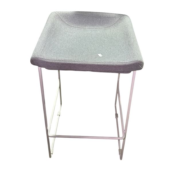 New Floor Model - The Living Lab, Grey Upholstered Stool with White Geometric Metal Base