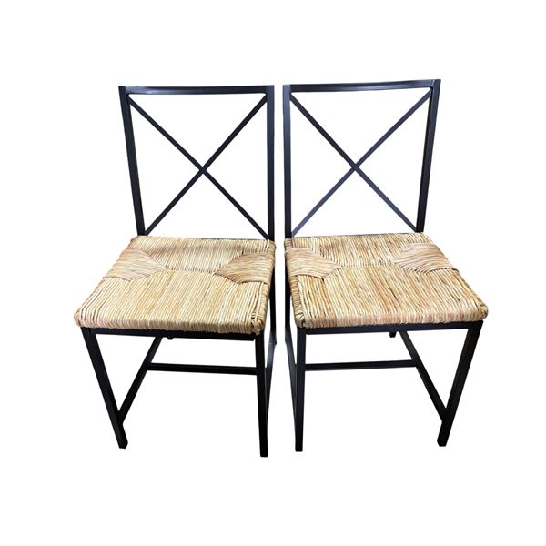 2-Pcs Black Frame Woven Seat Chairs