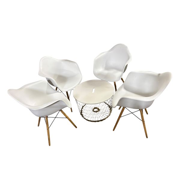 Drum Style Wire Base Coffee Table and 4 Matching White Chairs