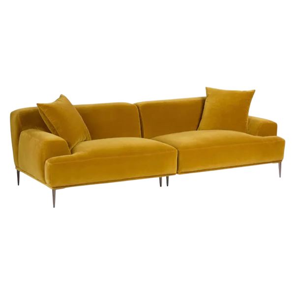 Modern Glam Mustard Yellow / Gold Velvet 2-Cushion Sofa Couch w/ Matching Throw Pillows